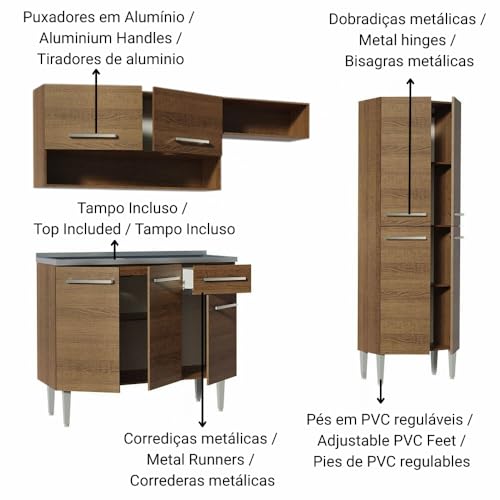 Image of Madesa Engineered Wood Full Modular Kitchen Complete Set with Cabinets, Ample Storage 229 Cm Wide with Multiple Compartments, 4 Cabinets, 2 Pull-Out Drawers, Wall Hang, Includes Sink - Brown