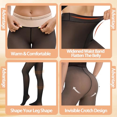 Image of X-CHENG 2 Pairs Women Fleece Lined Tights-Fishnets Patterned High Waist Thermal Pantyhose Fake Translucent Sheer Thick Warm Tights For Women
