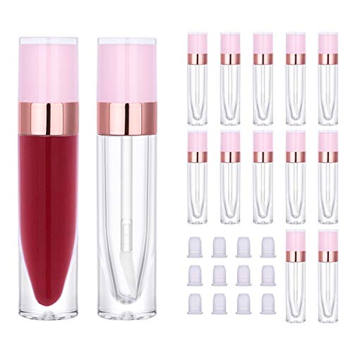 12Pcs Lip Gloss Tubes with Wand, CAIYA 6.4ml Empty Lip Balm Containers Refillable Lipstick Tubes Lip Glaze Tubes Clear Lip Gloss Bulk with Rubber Stoppers for DIY Lip Gloss Sample(Pink Rose Gold)