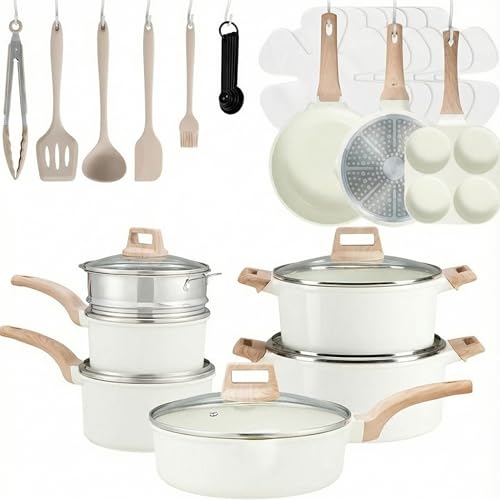 Image of Simple Deluxe 25Pcs Ceramic Cookware Set, Nonstick & Non-Toxic Healthy Pots and Pans, Heat-Resistant Handles, Induction Cookware Sets with Frying Pans, Beige