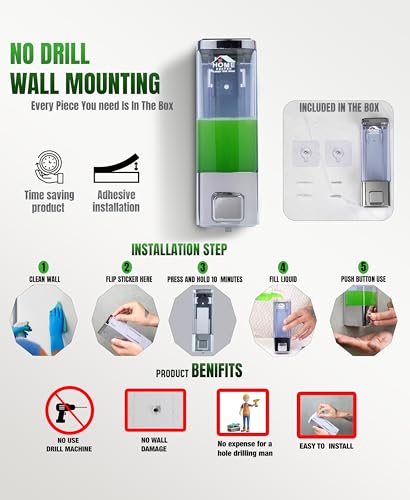 Image of Adhesive Wall-Mounted 350ml Chrome Liquid Dispenser - No-Drill Install - ABS Plastic for Soap Shampoo Conditioner Hand Wash Gel Sanitizer - Bathroom Kitchen Sink Basin (Single Pack)