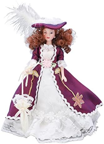 Luqeeg Victorian Lady Miniature People Porcelain, Dark Purple Skirt Hat Woman Ceramic Doll, 1 : 12 Scale Porcelain Baby, Mini Ceramic Doll Model Movable Limb Design for Doll House Decoration