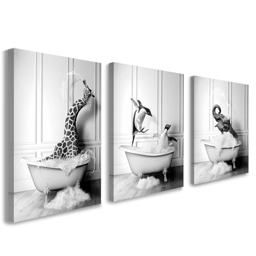 Set of 3 Bathroom Wall Art Funny Animal Canvas Decor Black and White Elephant Giraffe and Penguin Artwork Humorous Bathroom Prints for Toilet or Powder Room with Hooks and Magic Tape 12x16 Inch