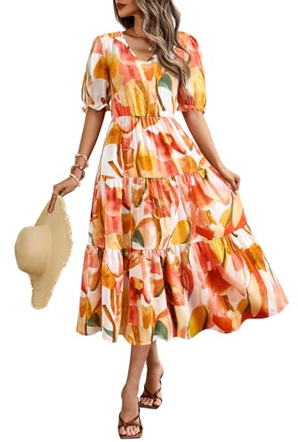 Image of Okiwam Womens Summer Dresses 2026 Spring Casual Floral Short Sleeve Ruffle Flowy Midi Dress Boho Beach Vacation Sundress