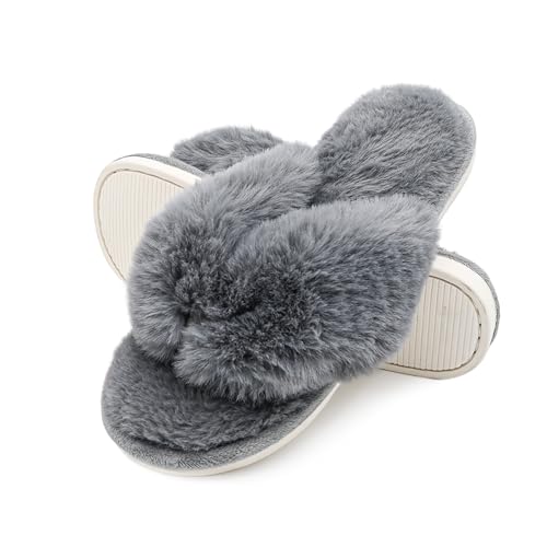 Onmygogo Plush Indoor Flip Flop Thong Slippers for Women Open Toe, Fuzzy Faux Fur Spa House Slippers 9-10 0-charcoal