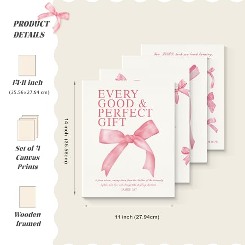 Image of LARTSFRO Coquette Pink Bow Canvas Wall Art Decor Prints Posters, Pink Bow Room Bedroom Bathroom Dorm Wall Art Decor Aesthetic for College Teen Girls Gifts, Inspirational Bible Verses Bow Wall Decor, 11x14 Inch Set of 4 Pcs Bow Pictures (Canvas Framed 11X14)