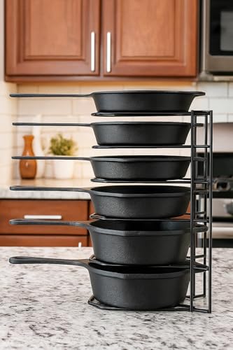 Image of 6 Tier Heavy Duty Pan And Pot Organizer /Tiered Shelf For Kitchen Cabinet|Countertop Holds Cast Iron Skillets,Griddles And Shallow Pots|- No Assembly Required