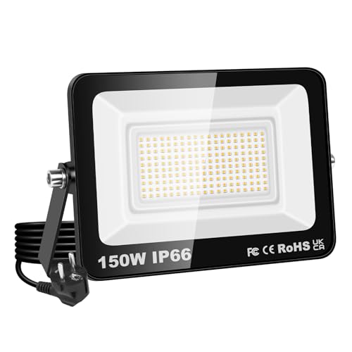 YOJZMA Fare LED da 150W, 15000LM Super Luminoso, Luce di Sicurezza Esterna, Bianco Caldo 4000K, IP66 Impermeabile, Cavo da 1,5M con Spina EU, per Giardino, Garage, Cortile, Patio, Percorsi, Portico