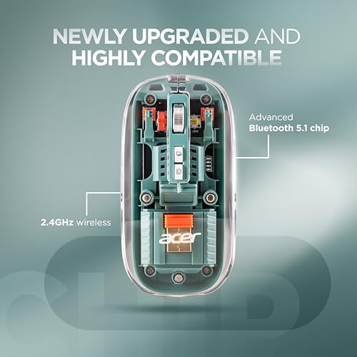 Image of Acer Clearview Transparent Wireless Mouse with Triple-Mode Connectivity, Silent Click Tech, Metal Scroll Wheel,1600 DPI Optical Sensor, USB-C Charging, Compatible Windows, MacOS, iOS, Android-Green