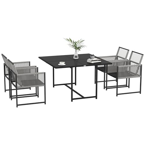 Outsunny Salon de Jardin extérieur 4 Personnes en Acier Ensemble Table et chaises 5 pièces avec 1 Table à Manger et 4 chaises avec Dossier Pliable Plateau en Verre...