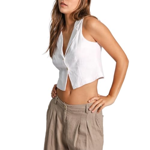 Amazhiyu Womens 100% Linen Summer Button Up Crop Top Lapel Waistcoat Vest Casual White, Small2