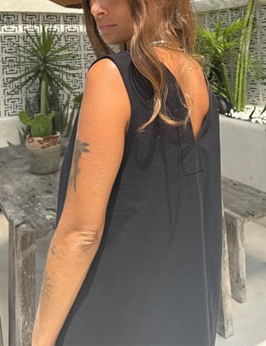 Image of Lviefent Womens Linen Mini Dress Summer Low V Neck Sleeveless Beach Sunshine Cotton Linen Mini Dress (Black-L)