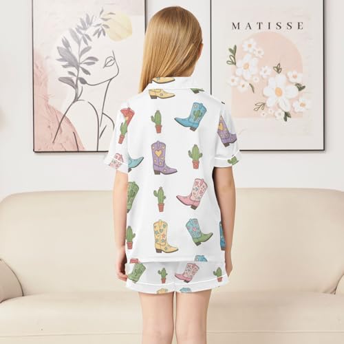 Satin Pajama Sets Short Sleeve Cowboy Boots and Cacti Button Down Silky Nightwear 2 Piece PJS 5-14Y4