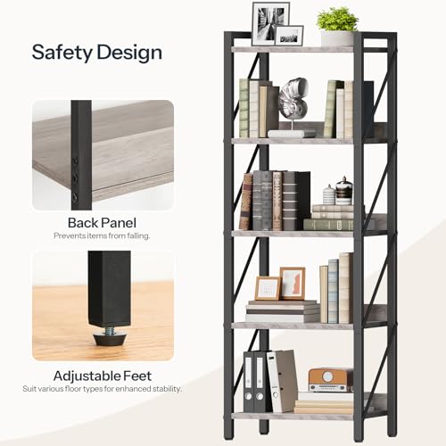 Image of HOOBRO Bookshelf, 5-Tier Industrial Bookcase, Book Shelf Storage Organizer, Tall Bookshelf with Metal Frame for Living Room, Bedroom, Home Office, Kitchen, Greige and Black BG73SJ01
