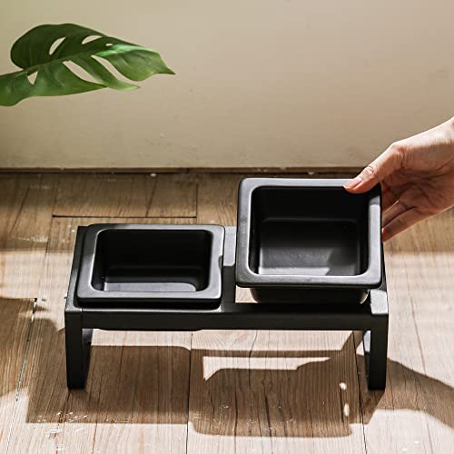Qiran Cat Food Bowl,Elevated Cat Bowls With Stand,Ceramic Pet Feeding Bowls For Food And Water,Protect Cat's Spine,Perfect For Cats And Dogs, 2*12 Ounces,Dishwasher Safe,Double Bowls,Black #TOP6