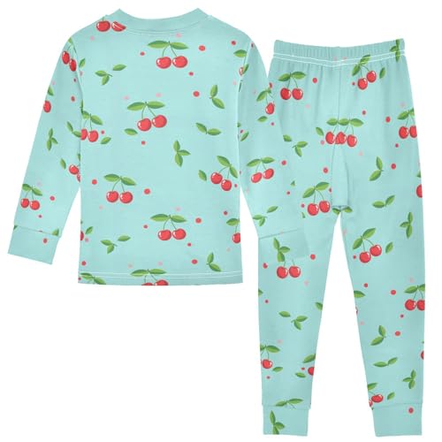 Pajama Sets Long Sleeve Cherry Pattern Blue Background Soft Comfy Sleepwear 2 Piece PJS 3-8T3