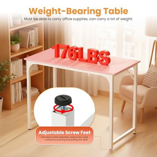 Image of PayLessHere | 39 Inch Computer Desk | Pink | Office Desk with Metal Frame, Adjustable Feet | Water-Resistant, Scratchproof Surface | Sturdy Writing Table for Home Office or Study | Pack of 1