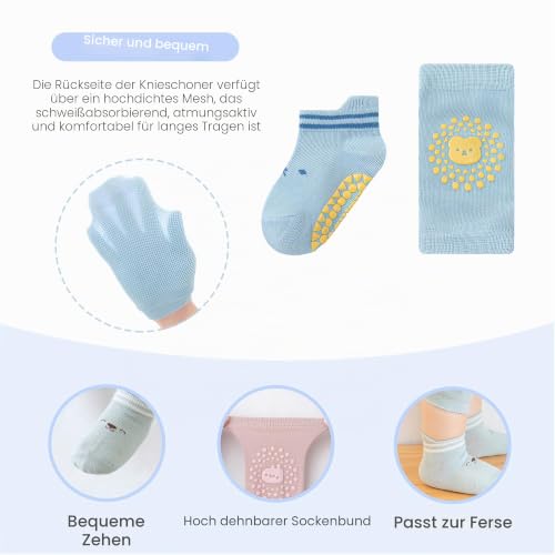 FZSECRIU 3 Paar Knieschoner Baby und 3 Paar Krabbelsocken Geeignet für 0-1 Jahre krabbelstrumpfhose baby，knieschoner baby krabbeln， knieschoner zum krabbeln，krabbelhose ，krabbelhilfe
