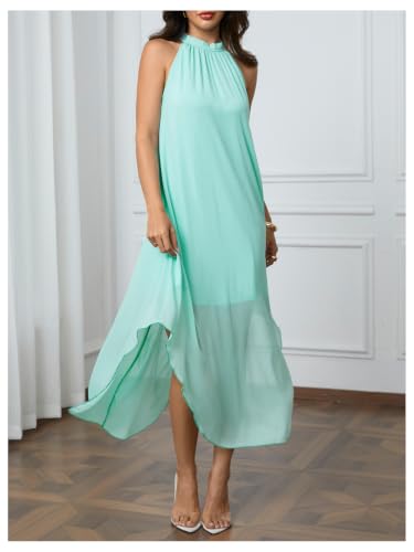 Image of Verdusa Women's Wedding Guest Dress Halter Flowy Chiffon Long Dresses | Cocktail Dress, Asymmetrical Dress for Women, Sleeveless, Prom Dress, Cruise Outfits, Boho