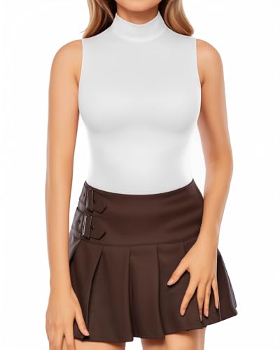 Image of MANGOPOP Women's Mock Turtle Neck Sleeveless Tank Tops / Long Sleeve Bodysuit Jumpsuit (A01 White (Modal), Medium)