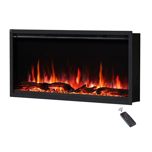 FlameKo Avena 91cm/36 Slim Frame Recessed Media Wall Inset Electric Fireplace with Multi Flame Colours, with Logs, Heater 750W & 1500W