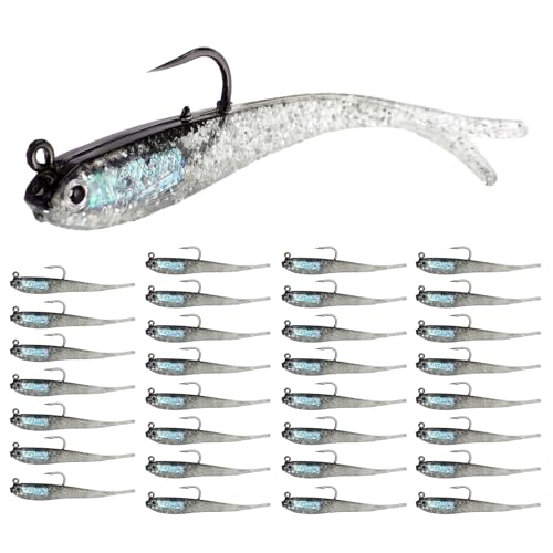 JolliLudo 32 Pcs 7cm Soft Fishing Lures with Lead Block Inside and Sharp Hook, Lifelike Forked Tail Minnow, Soft Bait with Hook for Saltwater Freshwater, Fishing Gifts for Men