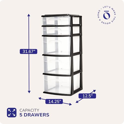 HOMZ Drawer Tower, 5-Tier Clear Plastic Storage Organizer Unit, Black Frame - Multi-Purpose Container Drawers for Bedroom, Bathroom, and Office Organization