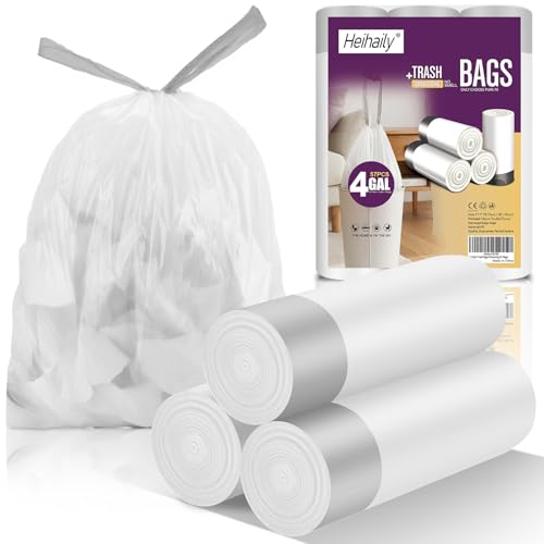 Image of 4 Gallon White Trash Bags Drawstring - 3-4 Gal Small Garbage Bags For Bathroom 57 Count 15 Liter Plastic Unscented Mini Size Waste Basket Liners Kitchen Office Car Strong Thick Bulk Heihaily