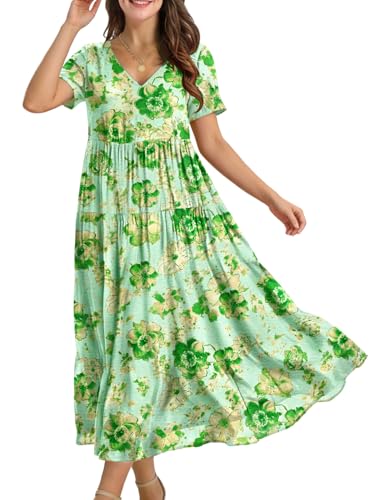 Image of YESNO Women's Summer Maxi Dresses Casual Floral Short Sleeve V Neck Boho Beach Vacation Swing Dress with Pockets EVF