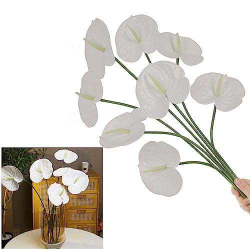 JD ARTIFICIAL PLANTS 10pcs Artificial Anthurium,28 Inch Faux Tropical Plants Tailflowers,Realistic Flamingo Flower for Home Decor Centerpiece Wedding Bouquet Bonsai,White
