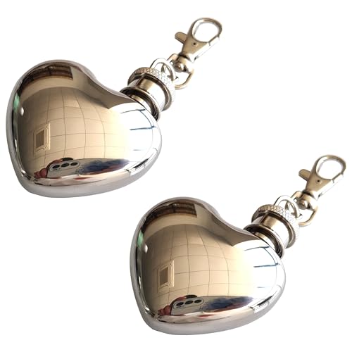 CNFLASK Heart Shaped 1 Oz Keychain Flask Mirror Polished Mini Hip Flask 304 Stainless Steel Snuff Bottle With Key Chain (2pcs, Mirror)