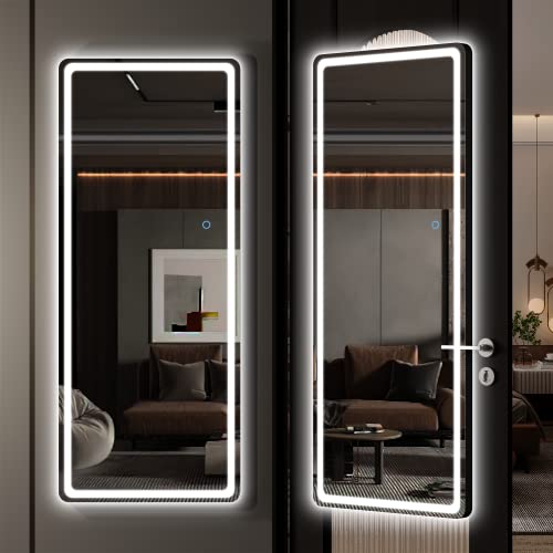 Hasipu LED Door Mirror Full Length, 44.1" x 15.8" Lighted Over The Door Hanging Mirror, Full Body Wall Mounted Mirror, Light Up Long Dressing Mirrors, Round Black