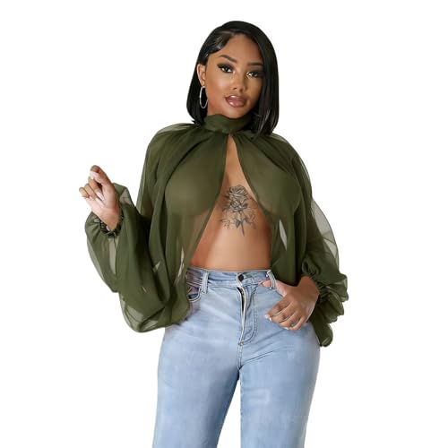 Women's Sexy Chiffon Sheer See Through Long Lantern Sleeve Front