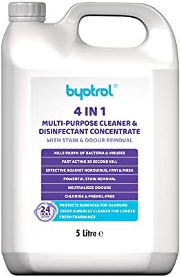 Byotrol 4-in-1 Multi-Purpose Cleaner & Disinfectant Concentrate with Stain and Odour Removal | 24 hour protection | Works in Seconds, Protects for Hours | 5L Concentrate Bottle