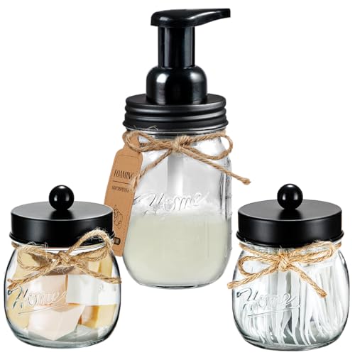 SheeChung Bathroom Accessories Set - Mason Jar Foaming Hand Soap Dispenser, Qtip Holder Set, Rustic Farmhouse Decor, Apothecary Jars, Bathroom Countertop Organizer - Black