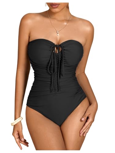 Milumia Women Strapless Bathing Suits Ruched Halter Bandeau One Piece Swimsuit