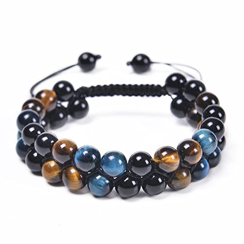 Triple Protection Bracelet for Men Women 8mm Black Obsidian Hematite Blue Tigers Eye Stone Bracelet Handmade Healing Crystals Beads Bracelet (A-8MM Blue Triple Bracelet)
