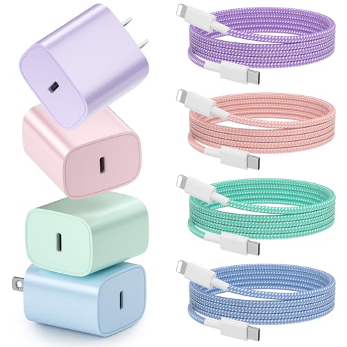 Phone Charger Fast Charging, 4 Pack 20W USB C Wall Charger Block with 6FT Charging Cable Type C Fast Charge Block Compatible with Phone 14/14 Pro Max/13/13 Pro/12/12 Pro/11/11 Pro/XS, Pad and More