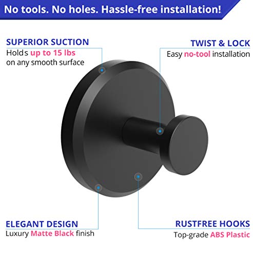 Home So Suction Cup Hooks For Shower, Bathroom, Kitchen, Glass Door, Mirror, Tile – Loofah, Towel, Coat, Bath Robe Hook Holder For Hanging Up To 15 Lbs – Waterproof, Dark, Matte Black (4-Pack) #TOP3