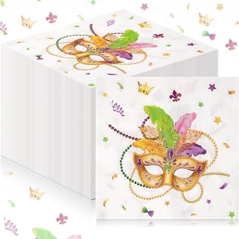 Ragnhild 100 Pcs Mardi Gras Mask Paper Napkins Party Decorations, Masquerade Guest Bathroom Napkins Disposable, Mardi Gras Cocktail Napkins Hand Towel for Mardi Gras Carnival Party Supplies, 6.5"x6.5" Cover