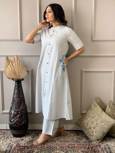 Image of Women's Cotton Embroiderd Long A-Line Kurti with Palazzo
