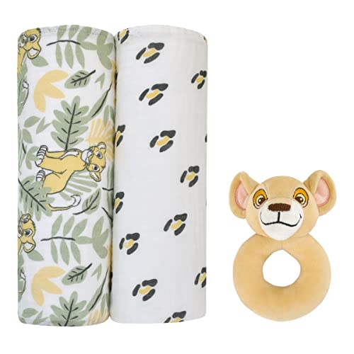 Image of Disney Lion King Simba Yellow, Green, and White 2Pk 100% Cotton 44" x 44" Muslin Swaddles with Plush Rattle