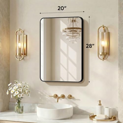 Image of Sweetcrispy Bathroom Mirror for Over Sink, 20x28 Inch Wall Mount Mirror with a Rounded Rectangle and Matte Metal Frame, Modern Wall Vanity Mirrors for Home Decor, Living Room, Bedroom, Black