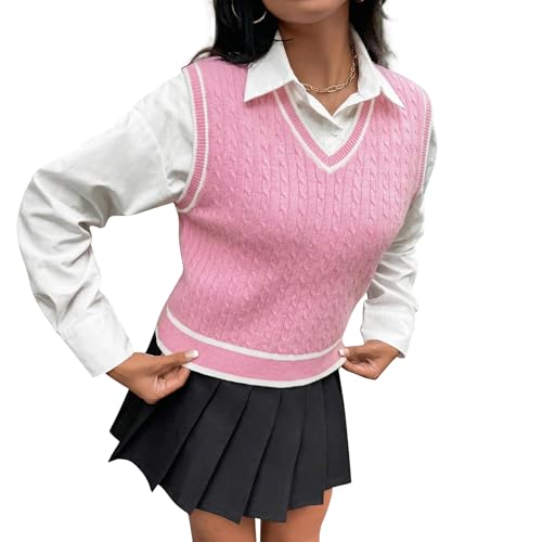 Barry.Wang Womens Pink Sweater Vest V Neck Sleeveless Knitted Preppy Style Pullover Sweaters Tank Tops