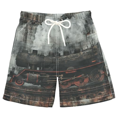 Boys Beach Board Shorts Vintage Train Grunge Swim Trunk Teen Swimwear 8-16Y Multicolor
