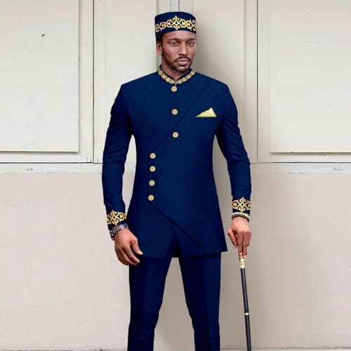Men`s Business Suit Dashiki Blazer and Trousers Match Hats 3 PCS African Clothes for Wedding Attire2