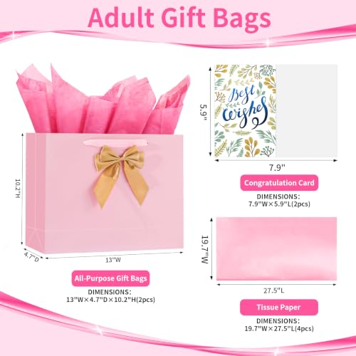 Image of Powbrace 13 inch Bright Pink Bags with Handles, Birthday Gift Bag Set - 2 Gift Bag with Bow, 4 Tissues & Greeting Card for Men Women,Gift Bags Medium size(2 PCS Bright Pink Glossy)
