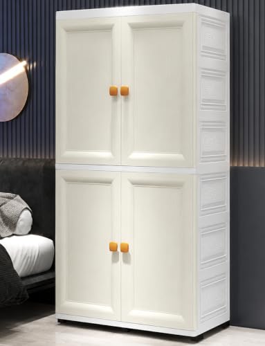 Image of EXVITO Plastic Wardrobe for Cloth with Drawers & Hanging Rod | Cupboard for Clothes Storage | Foldable Collapsible Plastic Almirah | Cartoon Design Cabinet for Bedroom and Livingroom (White)