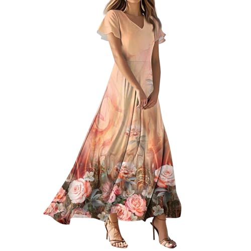 Abendkleider,Damen Abendkleid Brautjungfer A-Linie Chiffon V Ausschnitt Bodenlang（04-Orange,XL）