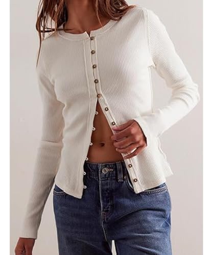 Image of Women's Slim Fitted Cardigan Ribbed Knit Long Sleeve Button Down Shirt Crewneck Y2K Blouse Tops,White,S